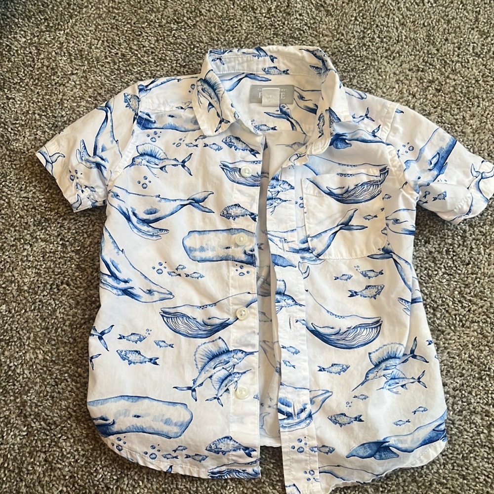 Button down collared toddler boys fish print shirt